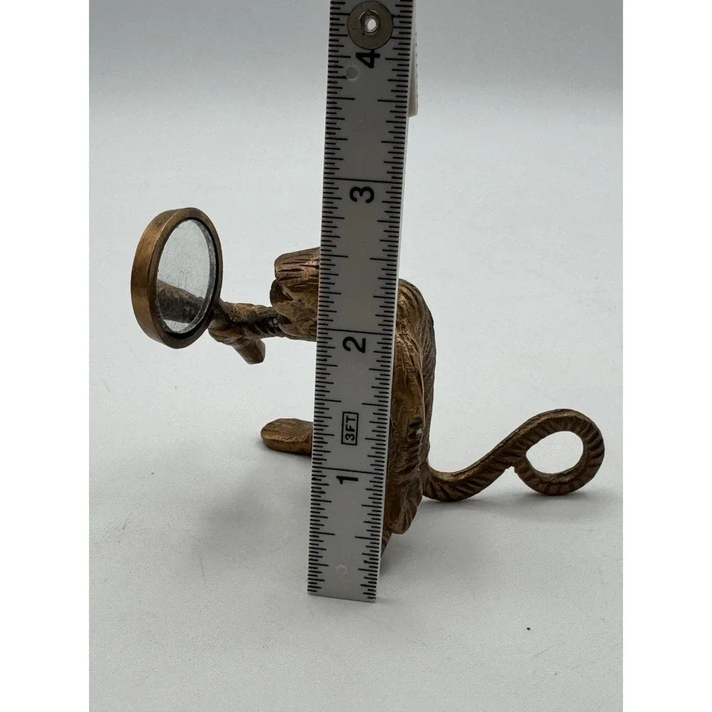 Antique Brass Monkey Holding Mirror Figure Statue 2.5 Inches MCM Conversation
